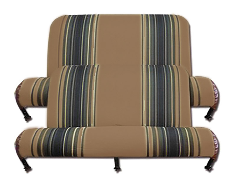 Sitzbankbezug 2CV, für 1 Sitzbank vorne + 1 Sitzbank hinten. Stoff (Marron Raye 1667) in den Farben beige - braun, dunkelblau gestreift