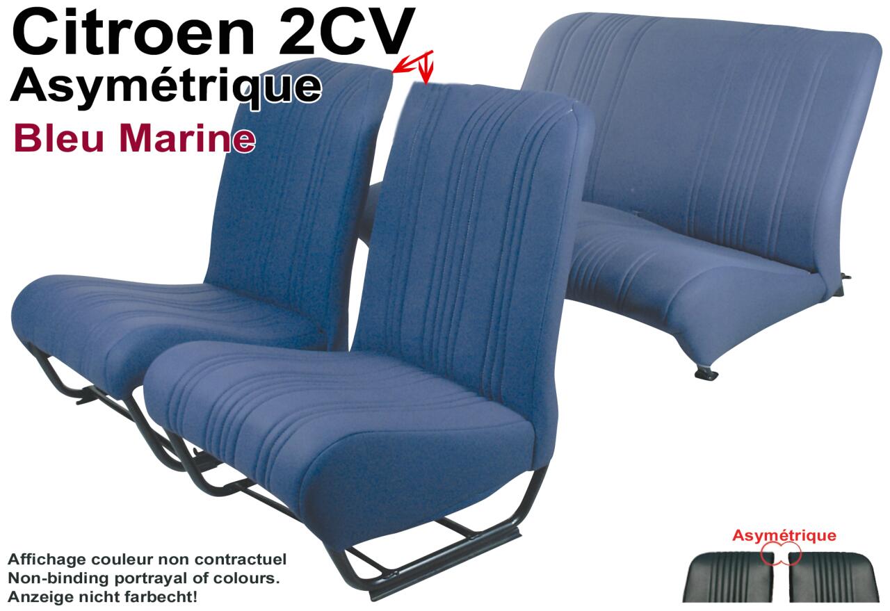 Sitzbezug 2CV vorne + hinten. Asymetrische Rückenlehnen. Stoff in dunkelblau (Bleu Marine). Für 2 Sitze vorne und 1 Sitzbank hinten