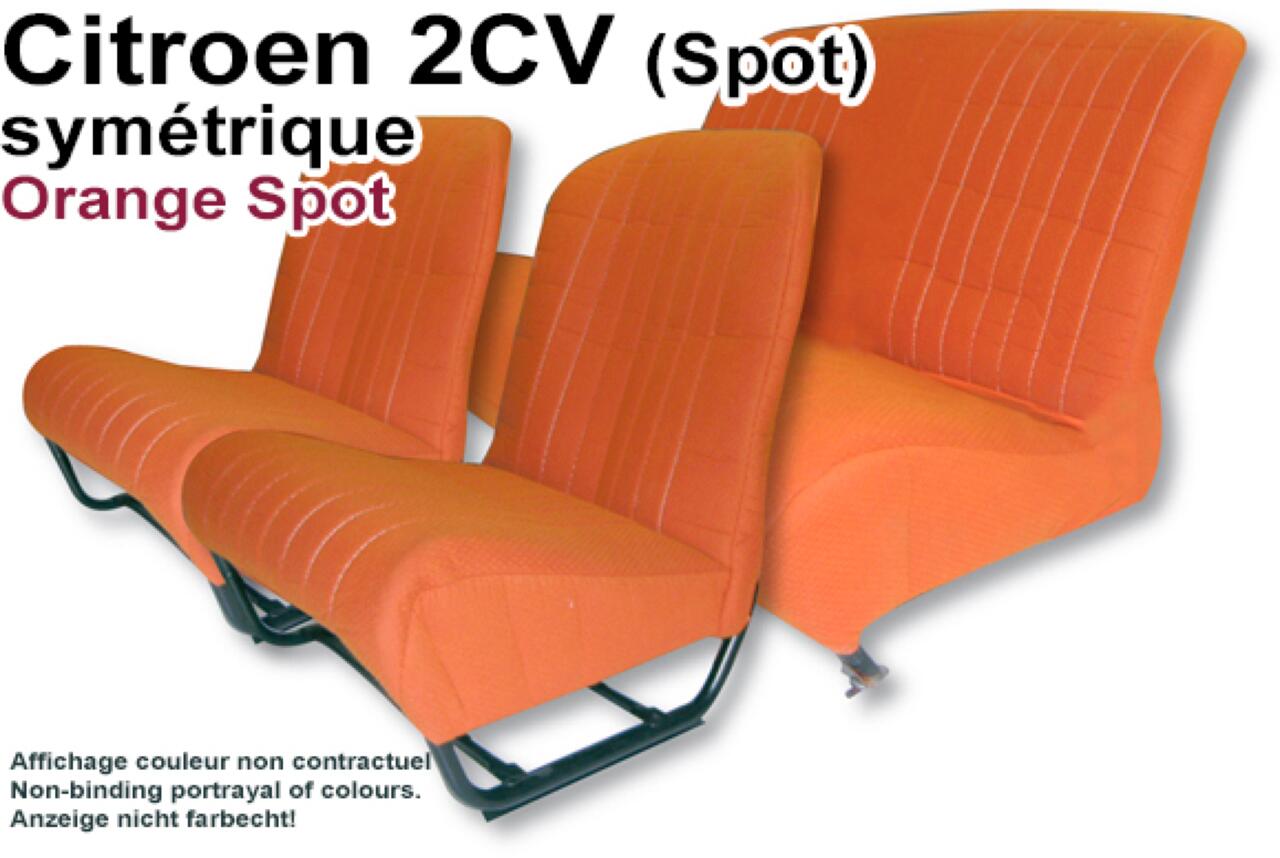 Sitzbezug 2CV (Spot) vorne + hinten. Symetrische Rückenlehnen. Stoff: Orange Spot (Grundfarbe orange gemustert)