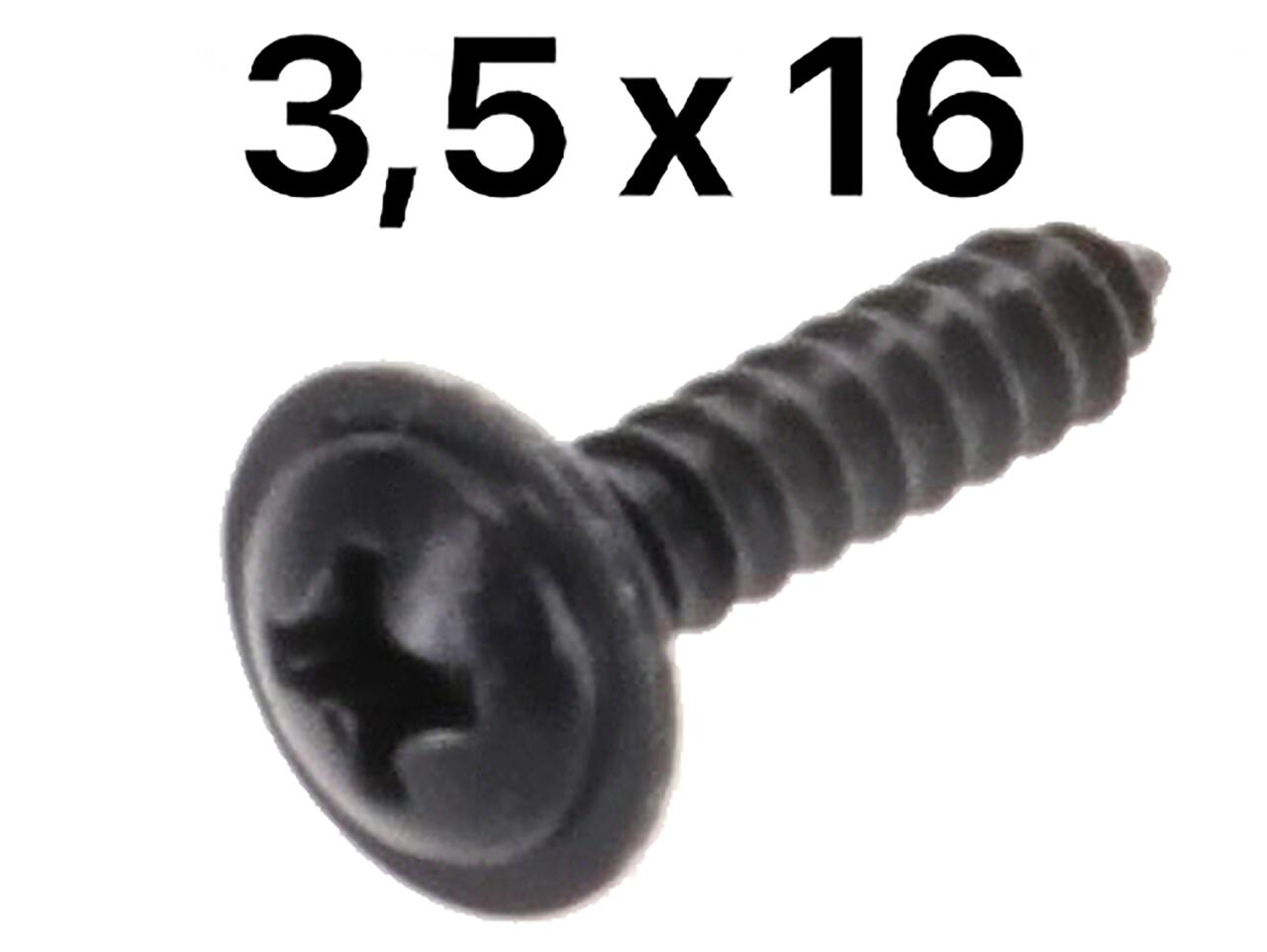 Blechtreibschraube mit großen Kopf. Schwarz verzinkt. Maße: 3,5 x 16mm.