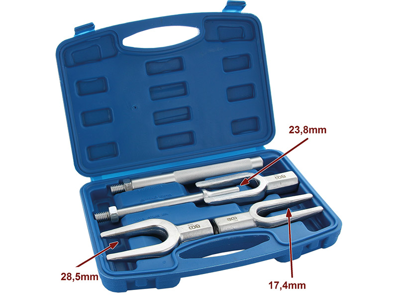 Trenn + Montagegabel Satz 5-tlg, aus geschmiedetem Werkzeugstahl! 3 Gabeln Öffnung: 17,4 mm - 23,8 mm - 28,5 mm, 1 Schlaggriff 200 mm lang