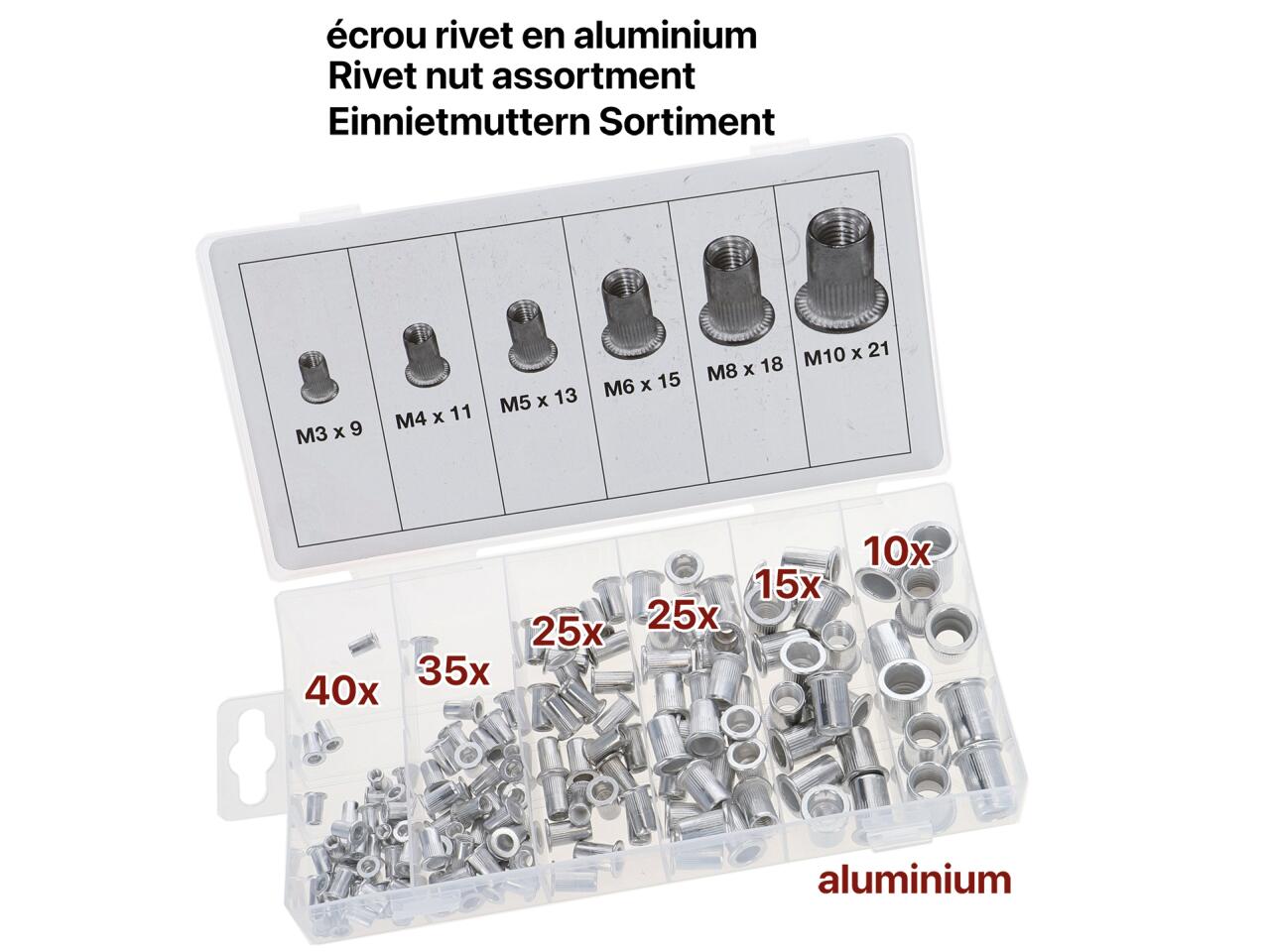 Einnietmutter Sortiment aus Aluminium. Bestehend aus: 40x M3, 35x M4, 25x M5, 25x M6, 15x M8, 10x M10. Einnietmuttern sind optimal dafür geeignet