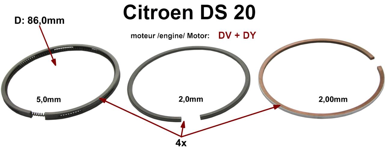 Kolbenringe (Markenhersteller), für 4 Kolben. Passend für Citroen DS 20. 86mm Bohrung. Motor: DV + DY. Abmessung: 2,0 + 2,0 + 5,0mm