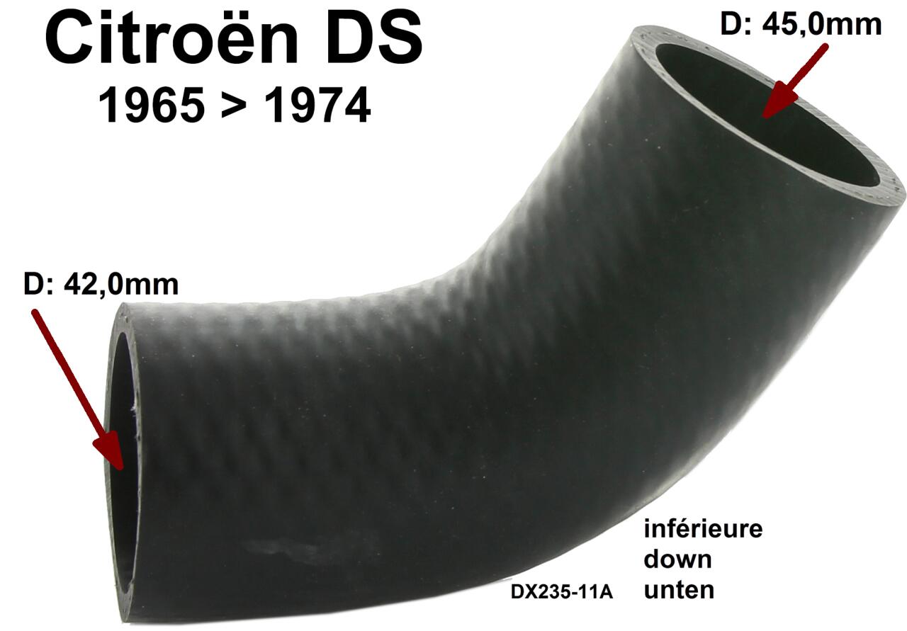 Kühlerschlauch unten am Kühler (Wasserschlauch). Passend für Citroen DS, ab Baujahr 1965. Anschlussdurchmesser: 42,0mm + 45,0mm. Or. Nr. DX235-11A