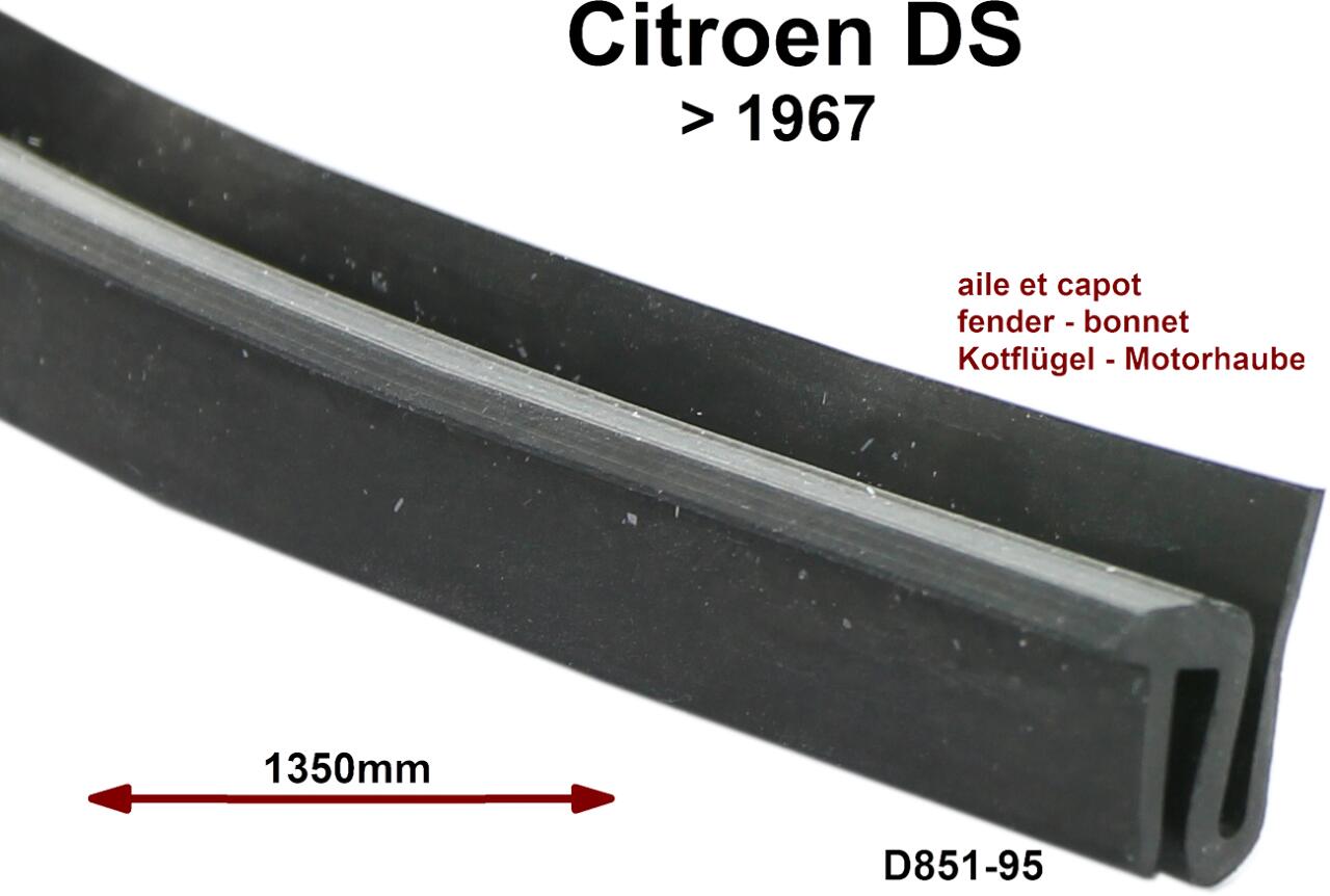Gummidichtung, zwischen Kotflügel und Motorhaube. Passend für Citroen DS, bis Baujahr 1967 (alte Front). Länge: 1350mm. Per Stück