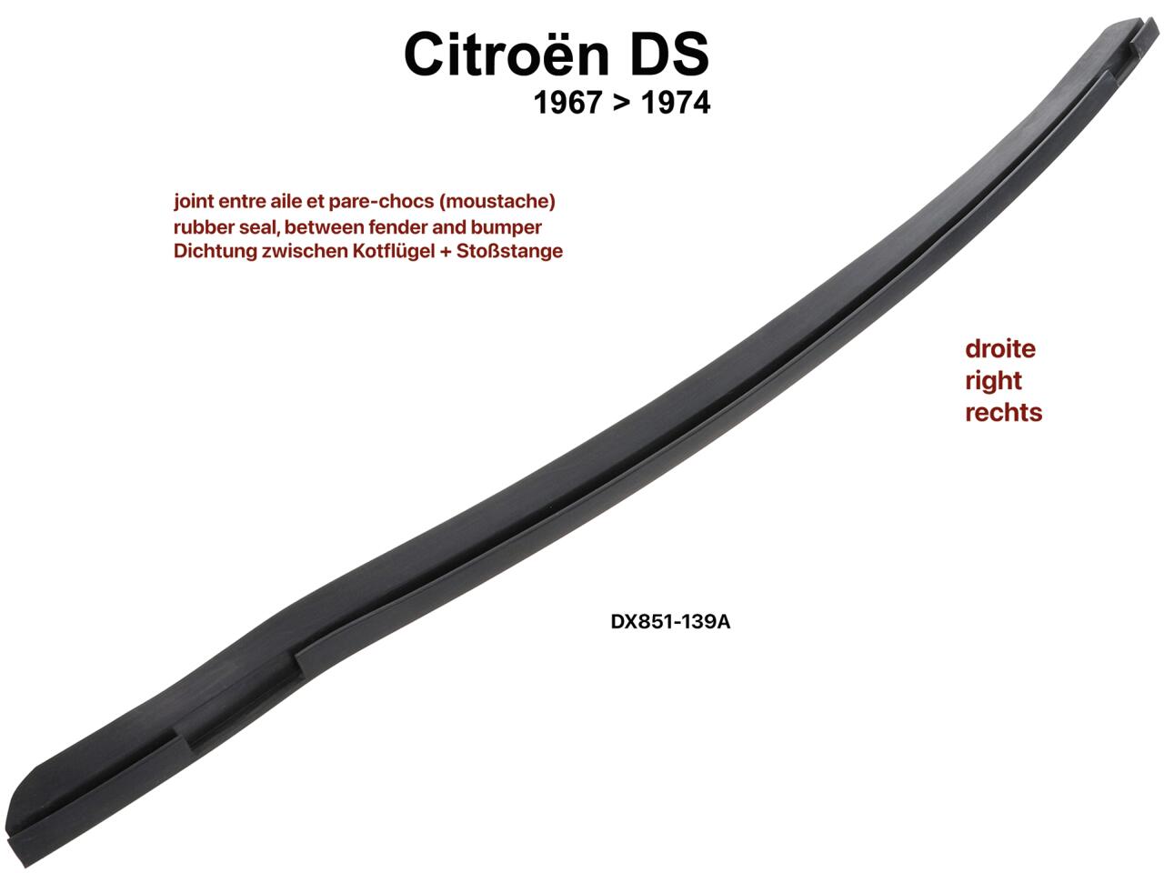 Kotflügel vorne rechts. Gummidichtung, zwischen Kotflügel und Stoßstange. Passend für Citroen DS ab Baujahr 1967 (neue Front). Or. Nr. DX851-139A