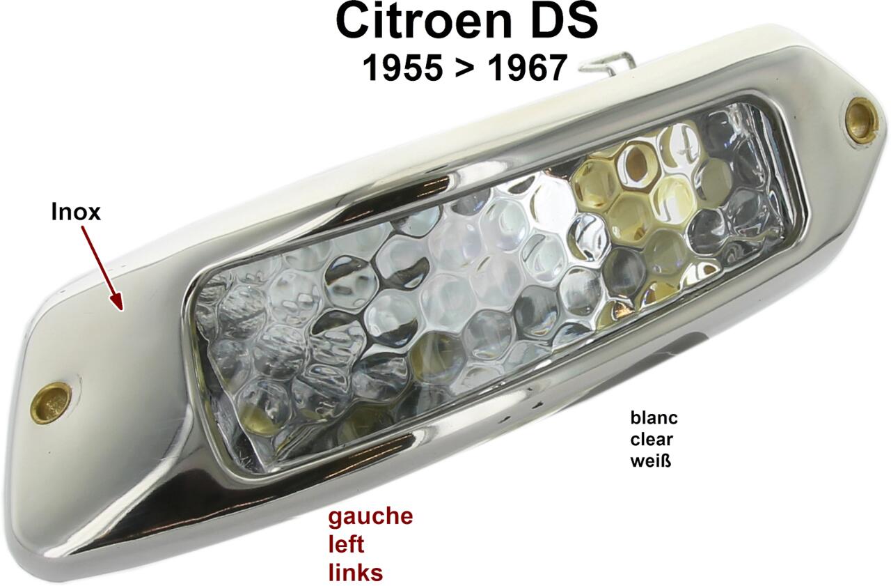 Blinker vorne links komplett. Passend für Citroen DS, von Baujahr 1955 bis 1967. Der Blinker hat einen Edelstahlrahmen. Blinkerglas: Weiß