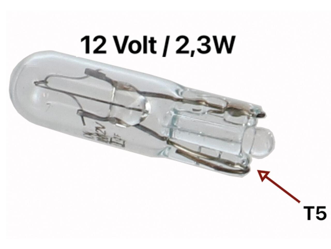 Glühlampe 12 Volt, 2,3 Watt, Sockel T5. Passend für Seitenblinker 14660.