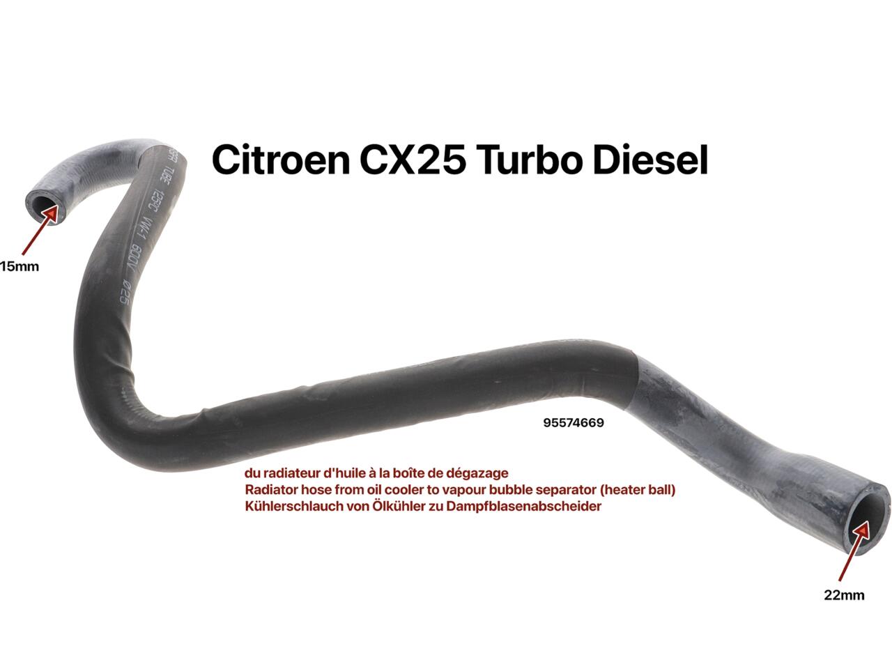 CX 25 TD, Kühlerschlauch von Ölkühler zu Dampfblasenabscheider (Heizungskugel). Passend für Citroen CX 25 Turbo Diesel. Durchmesser: 15 + 22mm
