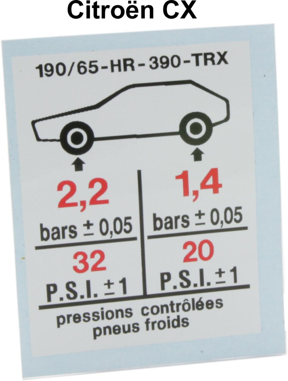 Aufkleber "Luftdruck". Für TRX Reifen 190/65-HR-390-TRX. Passend für Citroen CX