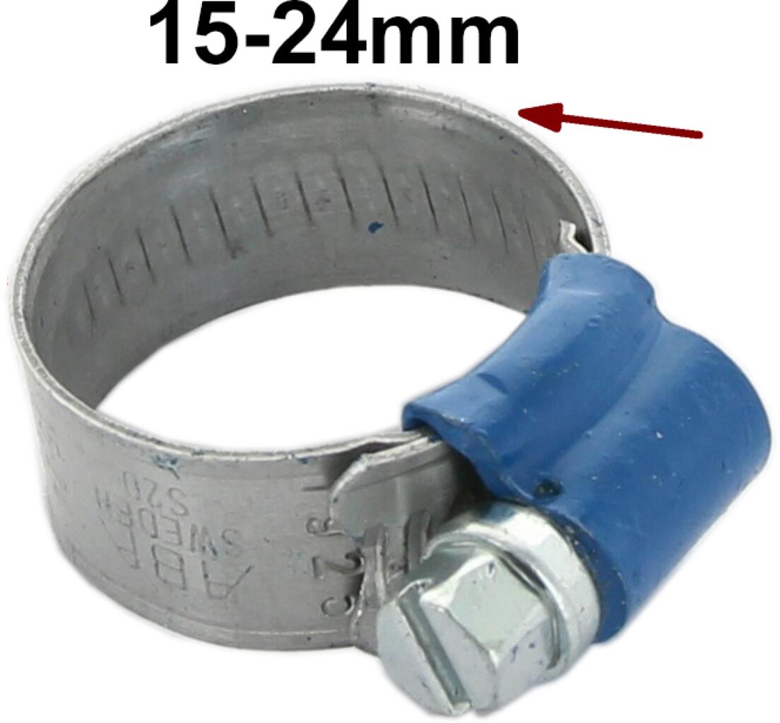 Schlauchschelle 15-24mm, speziell für Kühlerschlauch. Nostalgische Optik. Geprägtes Band mit hochgestellten Kanten