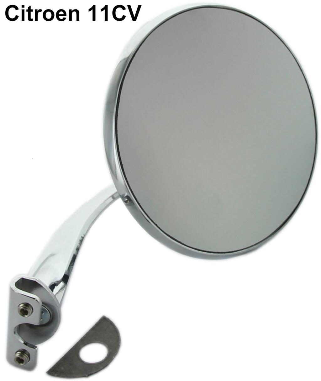 Spiegel rund, aussen links (der Spiegel wird an der Tür geklemmt). Universal (Citroen 11CV, Peugeot, Renault) passend. Verchromt. Durchmesser: 114mm