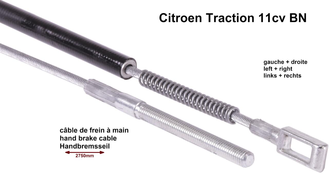 Handbremsseil, links + rechts passend. Für Citroen 11CV BN. Abmessung: 2750 x 875mm. Or. Nr. 552116