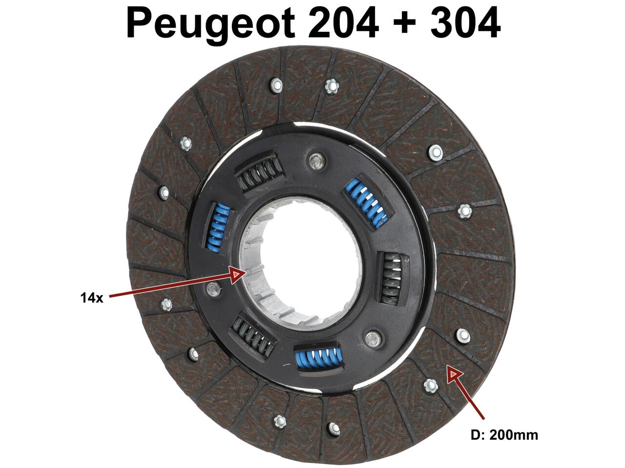 P 204/304, Mitnehmerscheibe mit Torsionsfedern. Passend für Peugeot 204 + 304. Durchmesser: 200mm. Zähne: 14.
