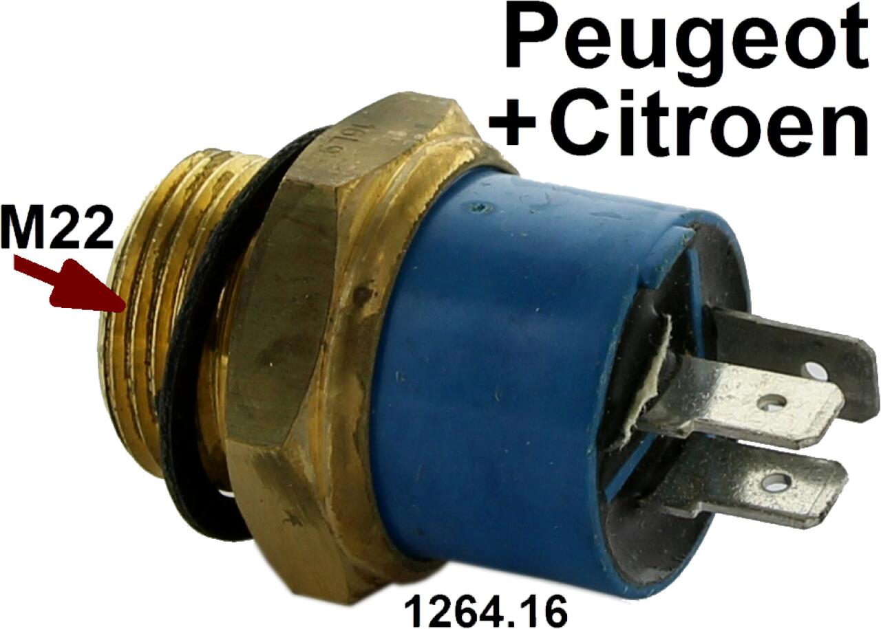 Temperaturschalter Kühlwasser, 3 Anschlüsse. Gewinde: M22. Schaltpunkt: 84-79° + 88-83°. Passend für Citroen BX Diesel, C15 Diesel, Visa GTI