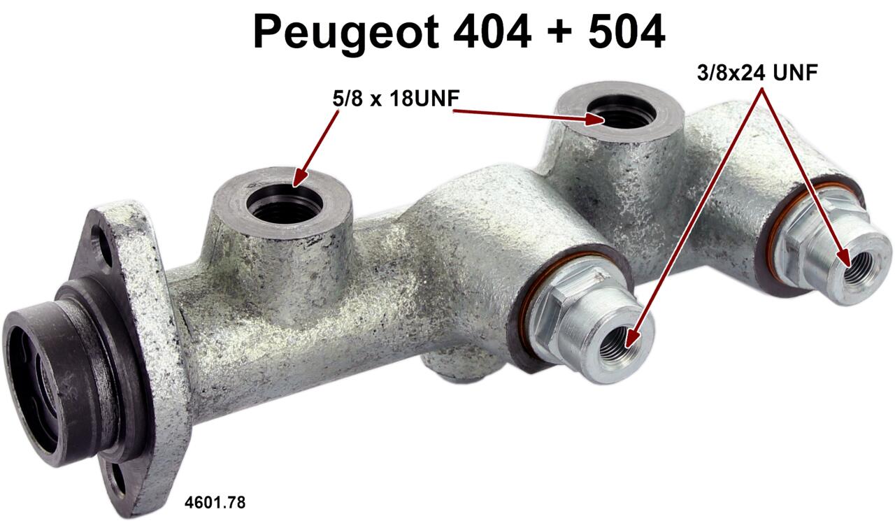 P 404/504, Hauptbremszylinder Zweikreis. Kolbendurchmesser: 25,4mm. Passend für Peugeot 404 U10/UXD. Peugeot 504 Break 1,8L Benziner + Diesel 1