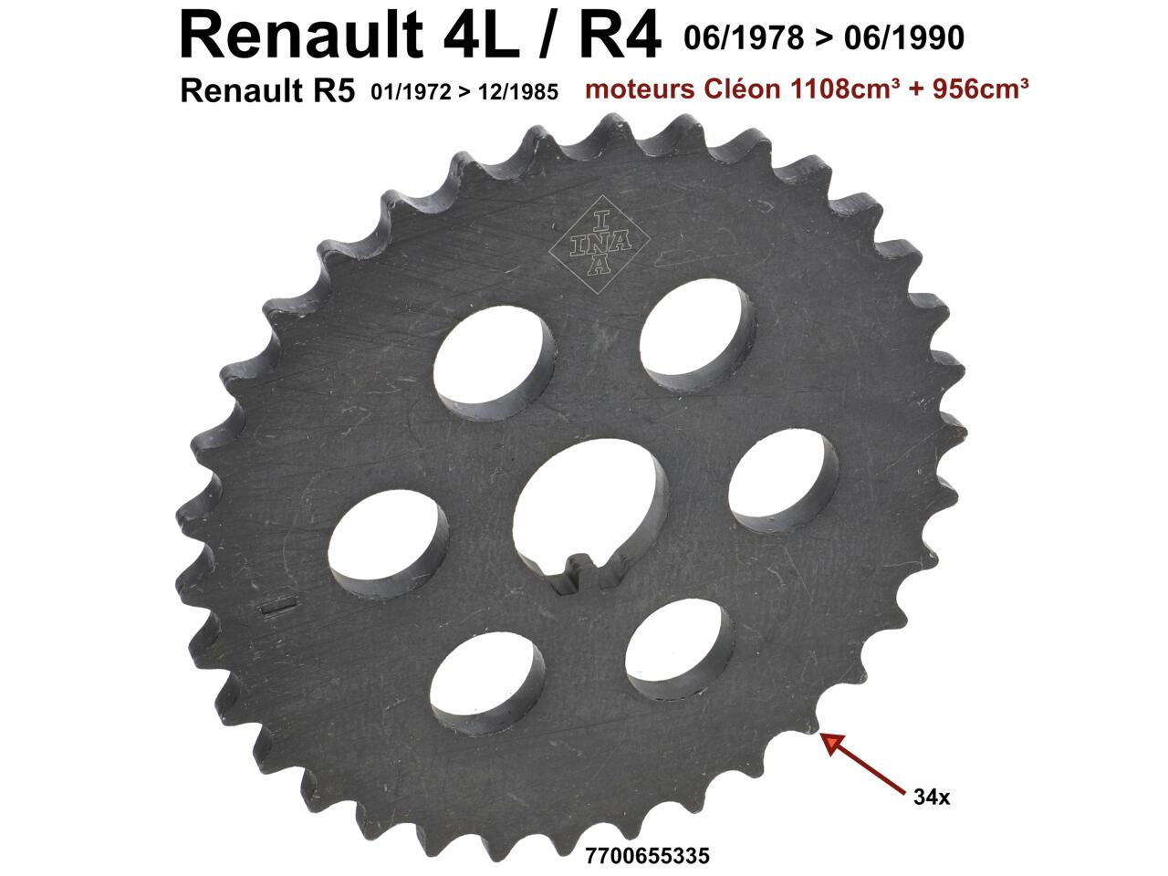 R4/R5, Zahnrad Nockenwelle. 34 Zähne. Passend für Renault R4, R5. Achtung: Das Zahnrad hat mittig in der Aufnahme einen Zapfen