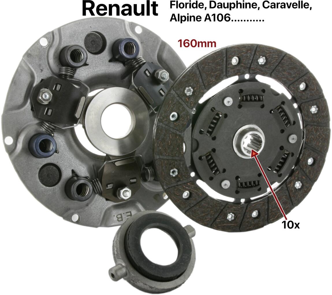 Kupplung komplett. Passend für Renault Heckmotor (Floride, Dauphine, Caravelle, A106, usw). 10 Zähne (die Mitnehmerscheibe hat Torsionsfedern)