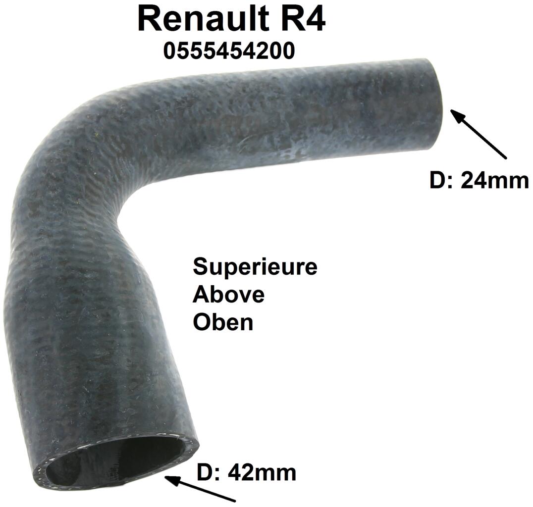 R4, Kühlerschlauch Zufuhr Kühler. Passend für Renault R4, ab Baujahr 1962 für R1120-23. R4 von Baujahr 1965 bis 1970, für R2102