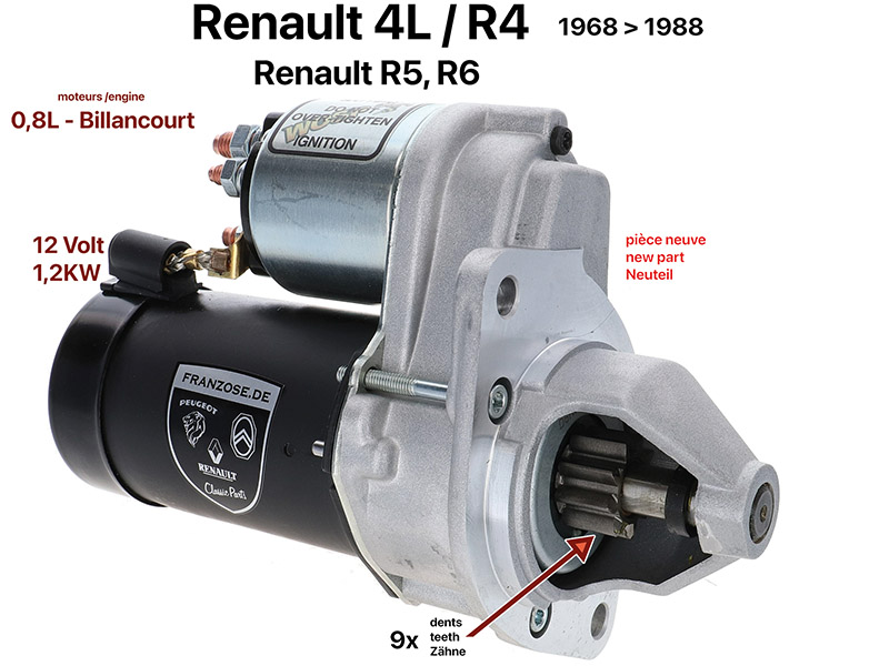 Anlasser Hochleistung. Passend für Renault R4, R5, R6, alle mit 0,8L Motor. Von Baujahr 1968 bis 1988. 12 Volt, 1,2KW