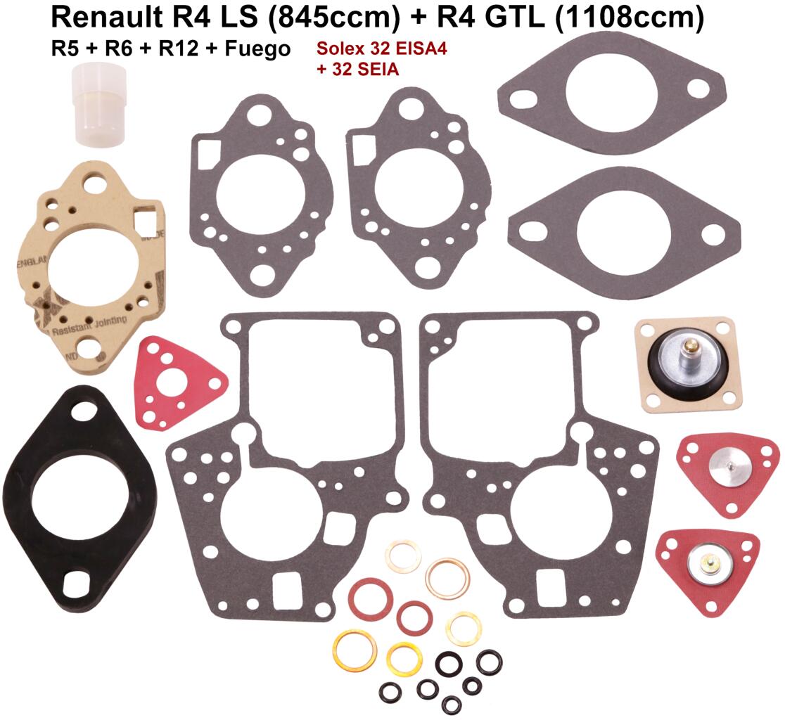 Vergaser Reparatursatz Solex 32 EISA4 + 32 SEIA. Passend für Renault R4LS (845ccm) + R4 GTL (1108ccm). R5, R6, R12, Fuego.