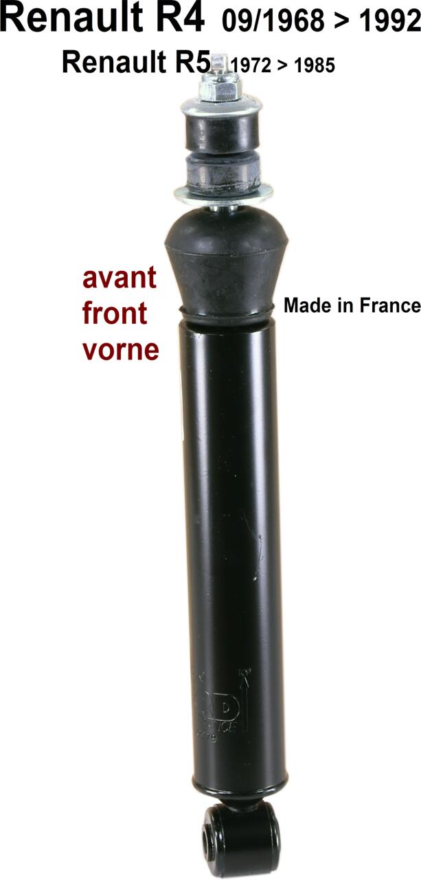 R4/R5, Stoßdämpfer vorne (per Stück). Passend für Renault R4, von Baujahr 09/1968 bis 1992. R4 F4 + R4 F6 von 1968 bis 1992. Renault R5