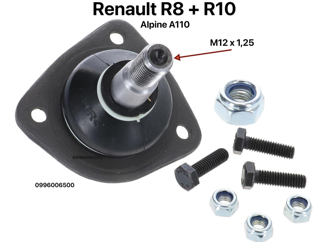R8/R10/Alpine110, Trag - Führungsgelenk unten. Passend für Renault R8, R10. Alpine A110. Bolzenhöhe bis Anschraubfläche: 65mm. Gewindehöhe: 19mm