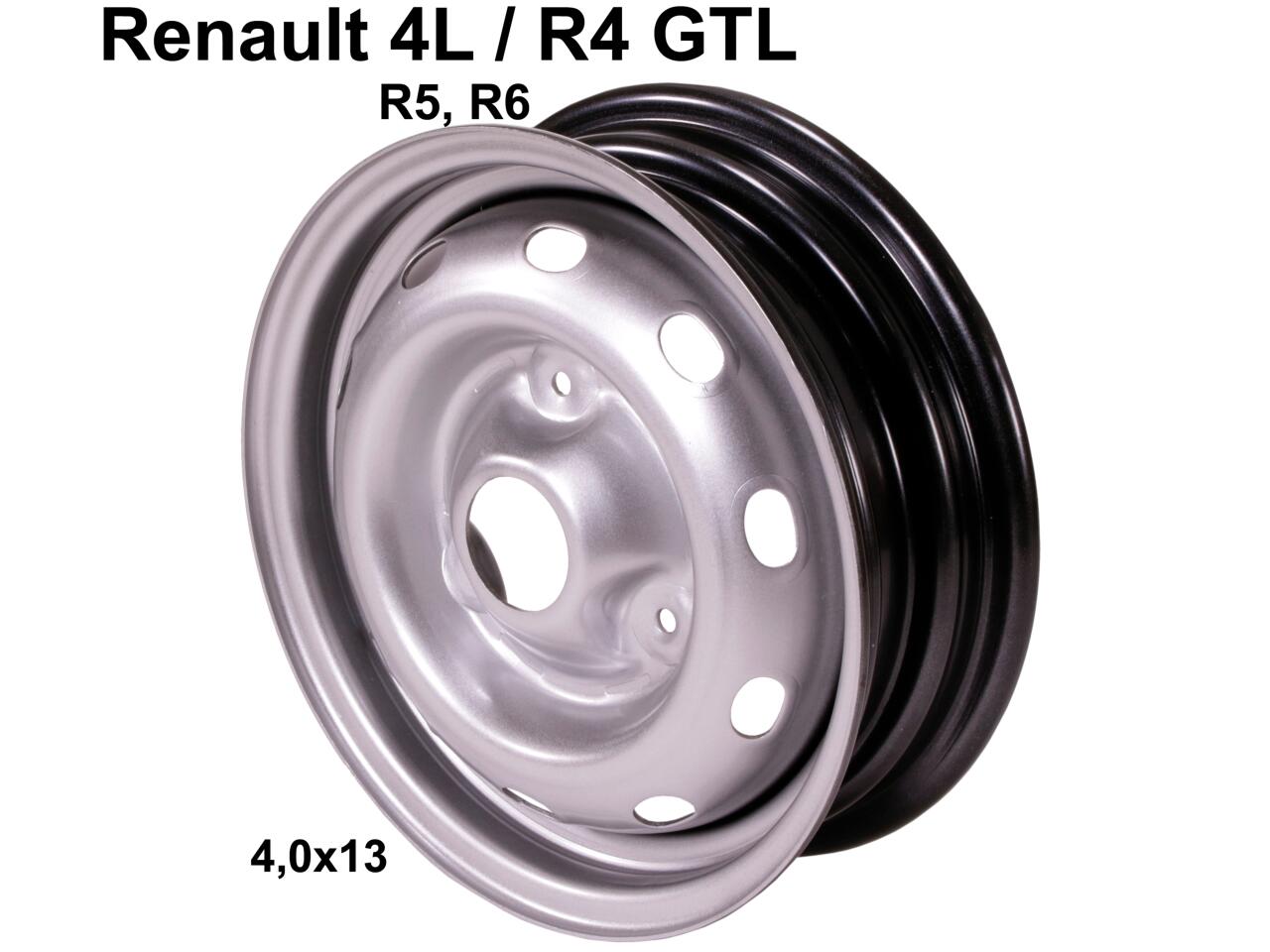 Felge 4,0x13 (Nachbau). Passend für Renault R4 GTL. Renault R5, R6. Lochkreis: 3x130mm. Einpresstiefe: 28mm. Mittenloch: 60mm. Or. Nr. 7701349506