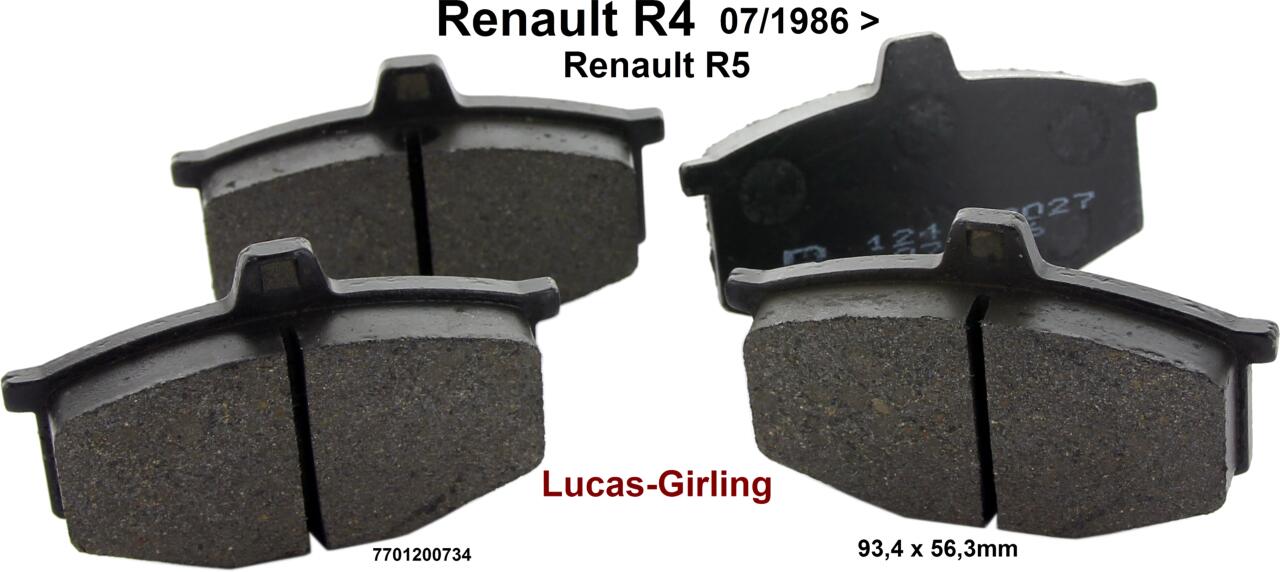 Bremsklötze vorne. Bremssystem: Lucas-Girling. Passend für Renault R4, ab Baujahr 07/1986. Renault R5. Breite: 93,4mm. Höhe: 56,3mm. Dicke: 15,8mm