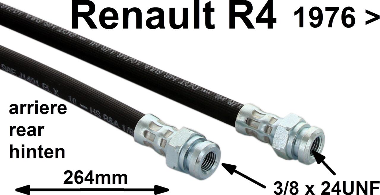 R4, Bremsschlauch hinten. Passend für Renault R4, ab Baujahr 1976. Länge: 264mm. Gewinde: 2x Innengewinde 3/8 x 24UNF. Or. Nr. 7702108721