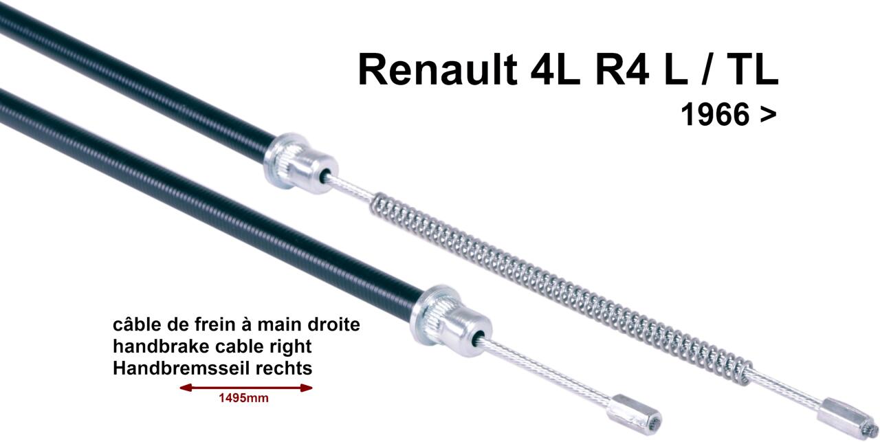 R4, Handbremsseil, rechts. Passend für Renault R4 L-TL, ab Baujahr 1966. Tülle: 1265mm. Gesamtlänge: 1495mm. Or. Nr. 7701348034