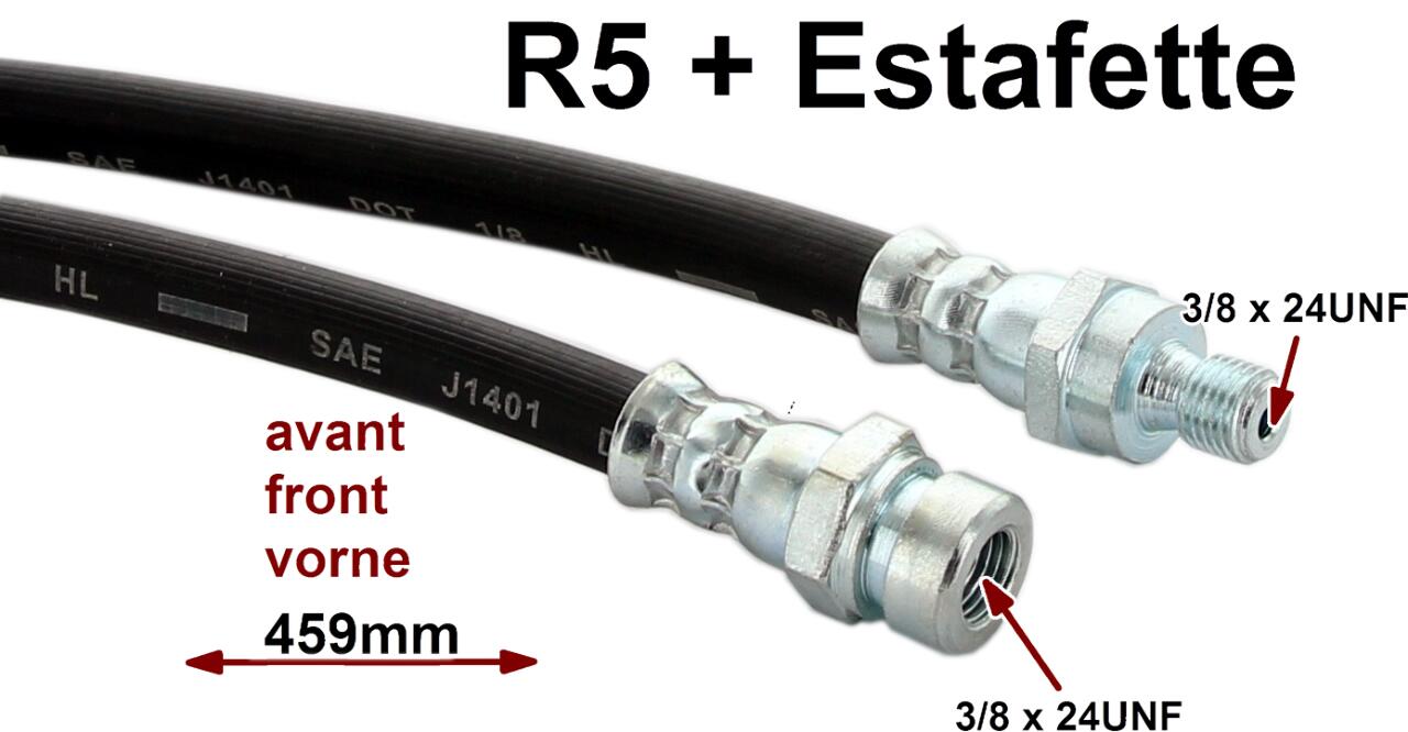 Estafette/R5, Bremsschlauch vorne. Passend für Renault Estafette + R5. Länge 459mm. Innengewinde: 3/8x24 UNF. Aussengewinde: 3/8x24 UNF. Or. Nr