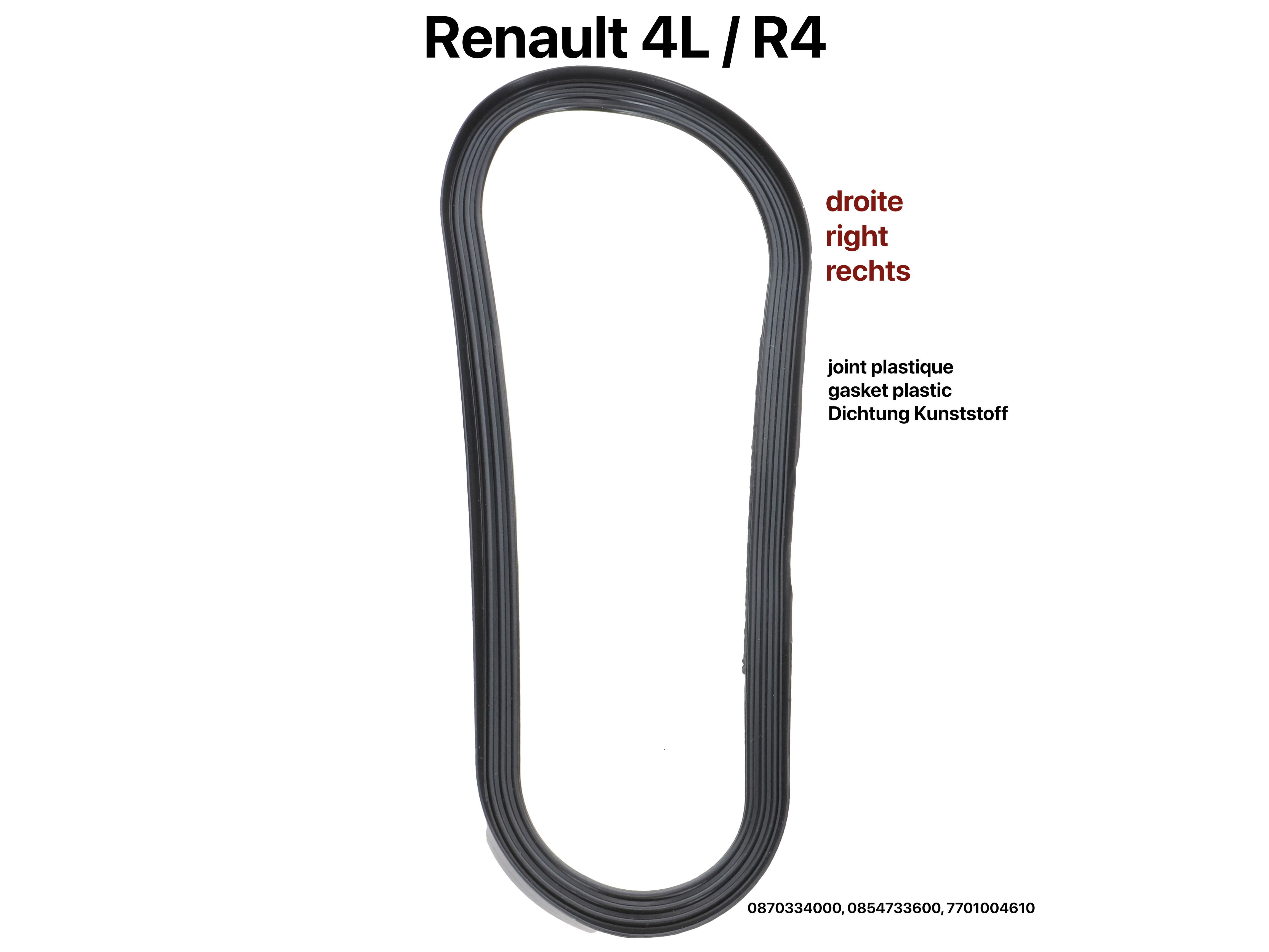 R4, Dichtung für die Rücklichtkappe rechts. Passend für Renault R4 Berline. Die Dichtung ist aus starren Kunststoff (wie Original). Or. Nr
