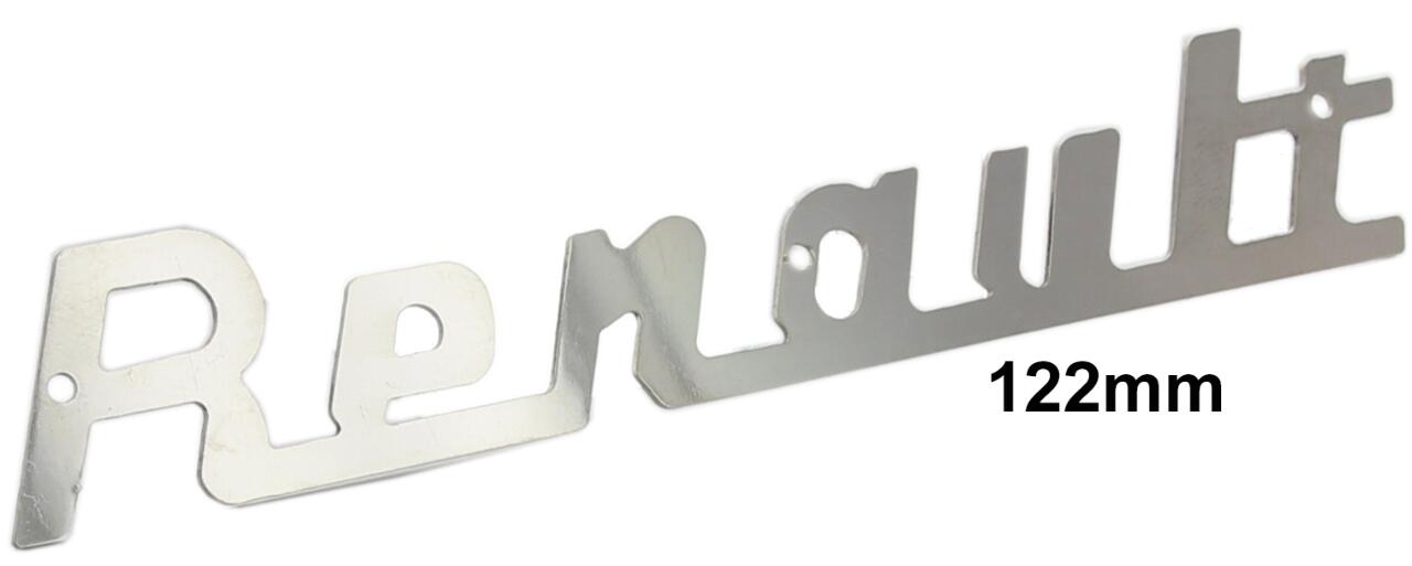 4CV, Emblem Schriftzug "Renault". Passend für Renault 4CV. Komplett aus Edelstahl gefertigt. Länge: 122. Höhe: 22mm