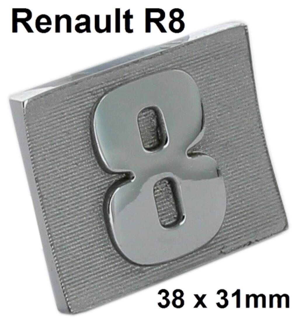 R8, Emblem "8". Passend für Renault R8. Komplett aus Metall gefertigt. Breite: 38mm. Höhe: 31mm