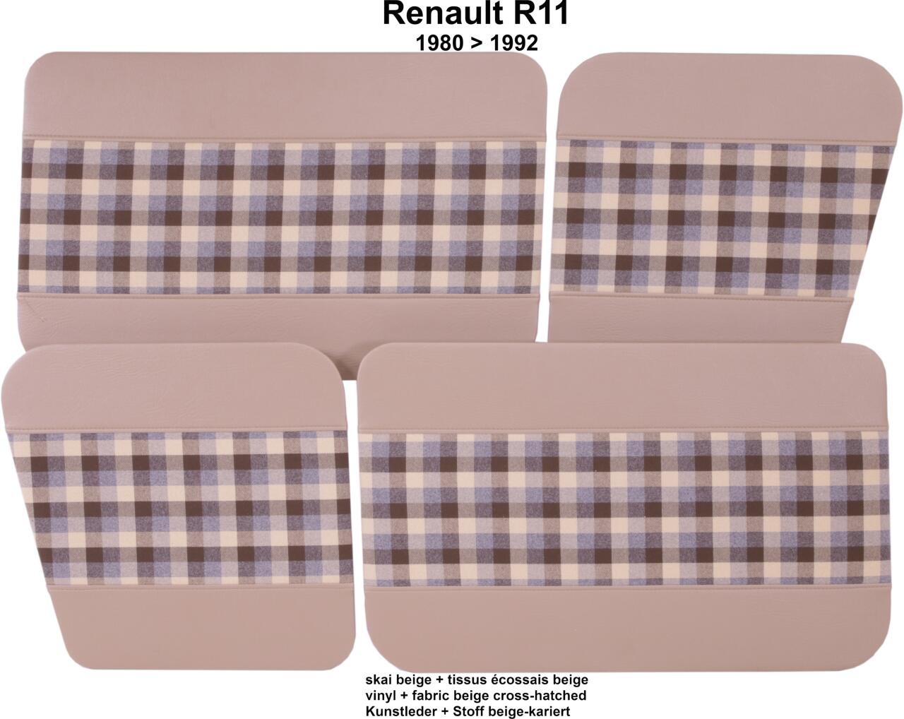 R4, Türverkleidung (4 Stück), aus Kunstleder + Stoff. Farbe: beige-kariert. Passend für Renault R4, von Baujahr 1983 bis 1986.