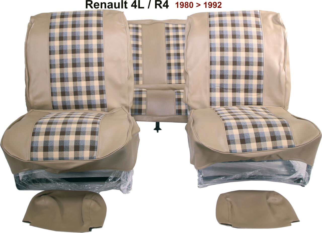 R4, Sitzbezüge vorne + hinten (als Ersatz für die defekten Sitzbezüge), aus Kunstleder + Stoff. Farbe: beige - kariert. Passend für Renault R4