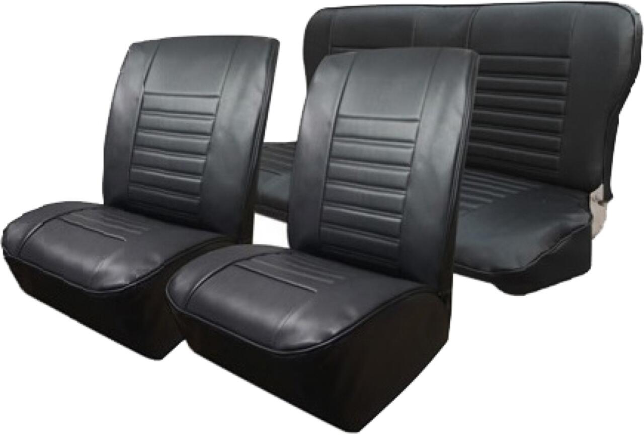 R4, Sitzbezüge vorne + hinten (als Ersatz für die defekten Sitzbezüge), aus Kunstleder. Farbe: schwarz. Passend für Renault R4, ab Baujahr 1980