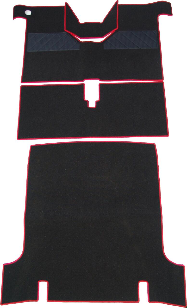 R4, Teppichsatz. Velour Exellence schwarz (noir) mit roter (rouge) Kunstleder Einfassung (vorne + hinten + Tunnel). Passend für Renault R4