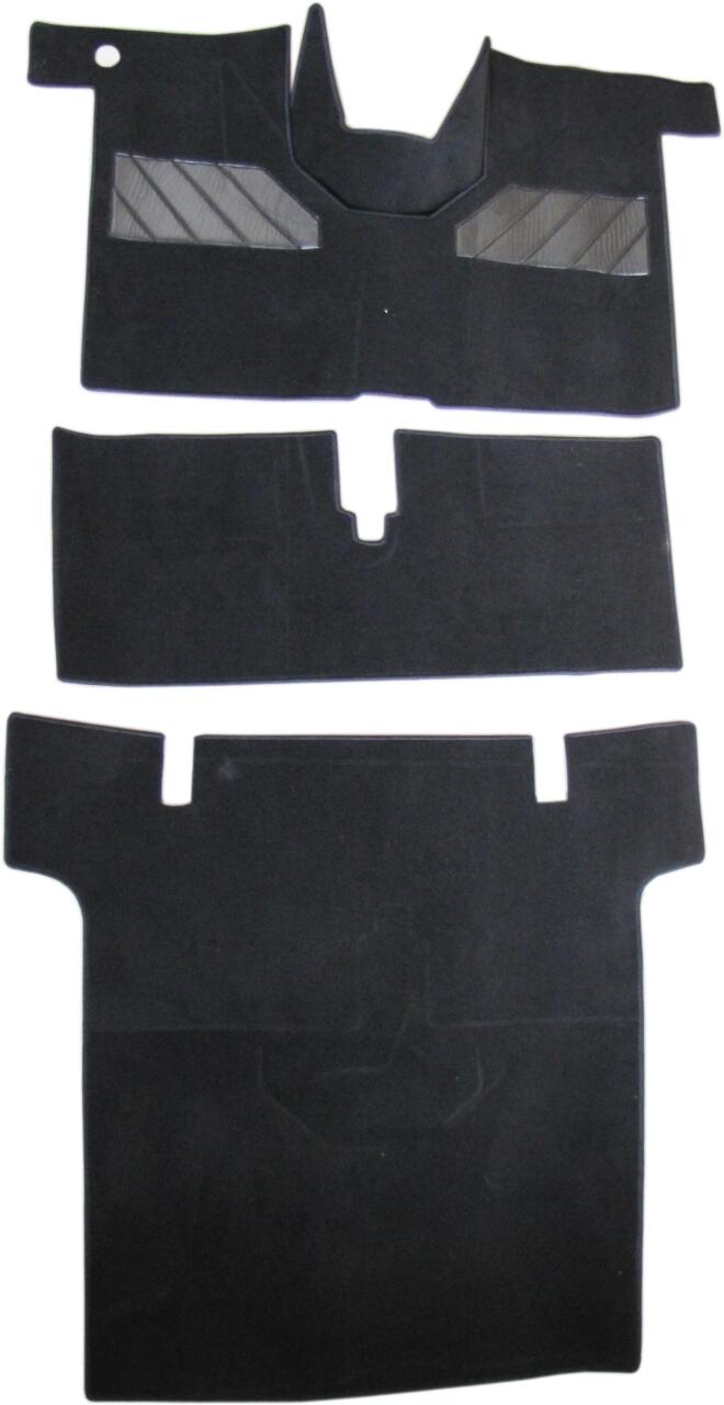 R4, Teppichsatz. Velour Exellence dunkelgrau (Gris foncé) mit hellgrauer (Gris clair) Kunstleder Einfassung (vorne + hinten + Tunnel)