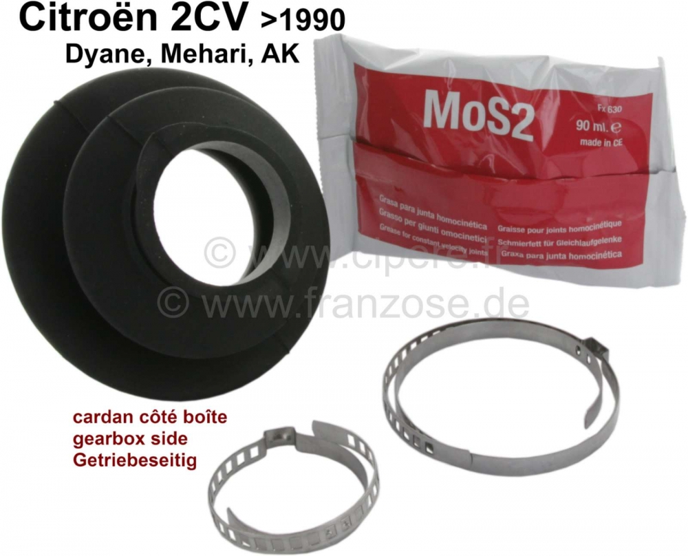 Citroen-2CV - Aandrijfashoes aan transmissiezijde, met montageset (klemmen + vet). Geschikt voor Citroen