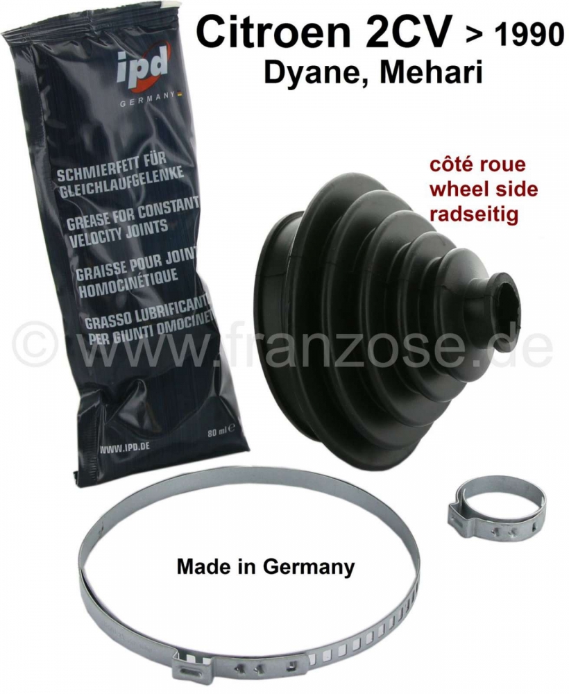 Citroen-2CV - Aandrijfashoes aan wielzijde, met montageset (klemmen + vet). Geschikt voor Citroen 2CV6 +