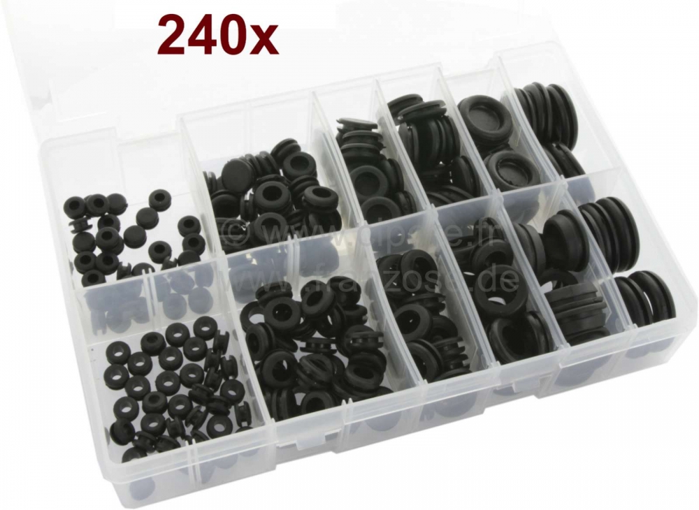 Citroen-2CV - Kabeldoorvoeren en carrosseriepluggen set. 240 onderdelen. Stekkers van 6 tot 16mm. Kabelt