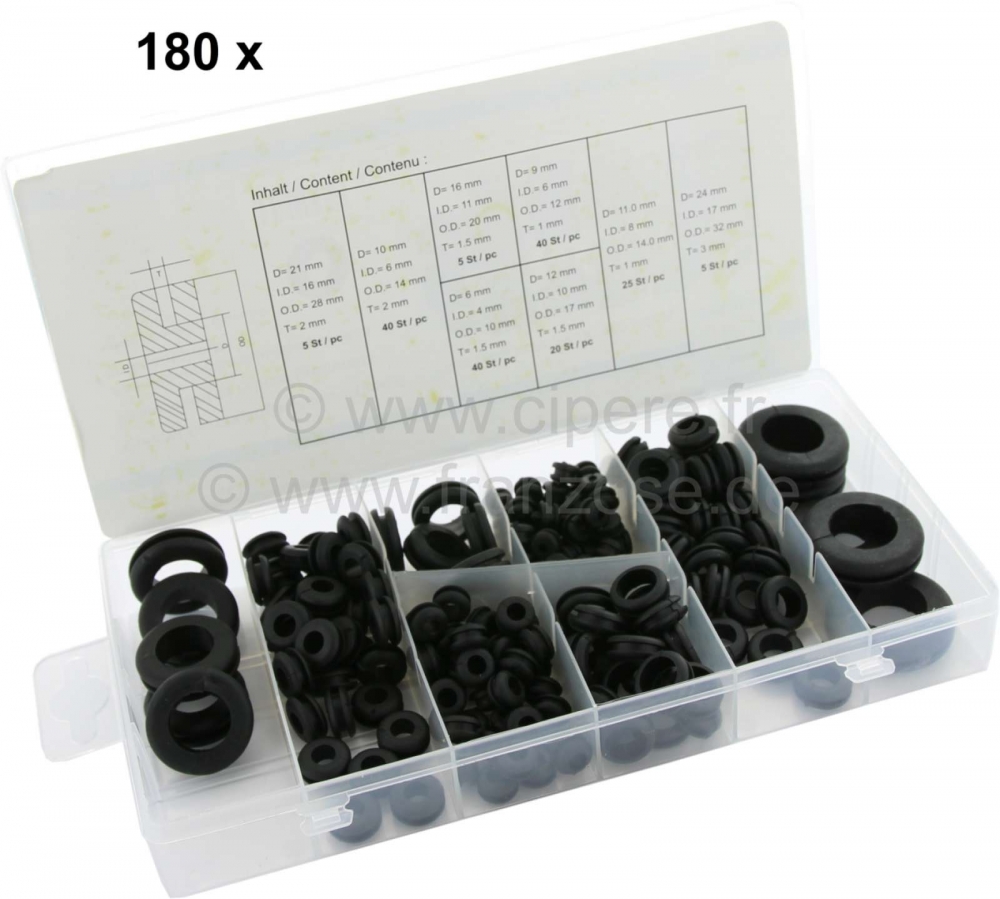 Citroen-2CV - Kabeldoorvoerrubberset. Inhoud: 40x6mm, 40x9mm, 40x10mm, 20x12mm, 25x11mm, 5x19,5mm, 5x21m