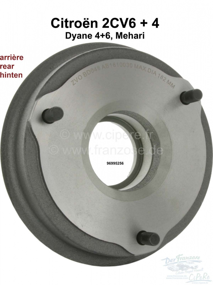 Citroen-2CV - Achterremtrommel, nieuw onderdeel. 180mm diameter. Geschikt voor Citroen 2CV tot 1990, Dya