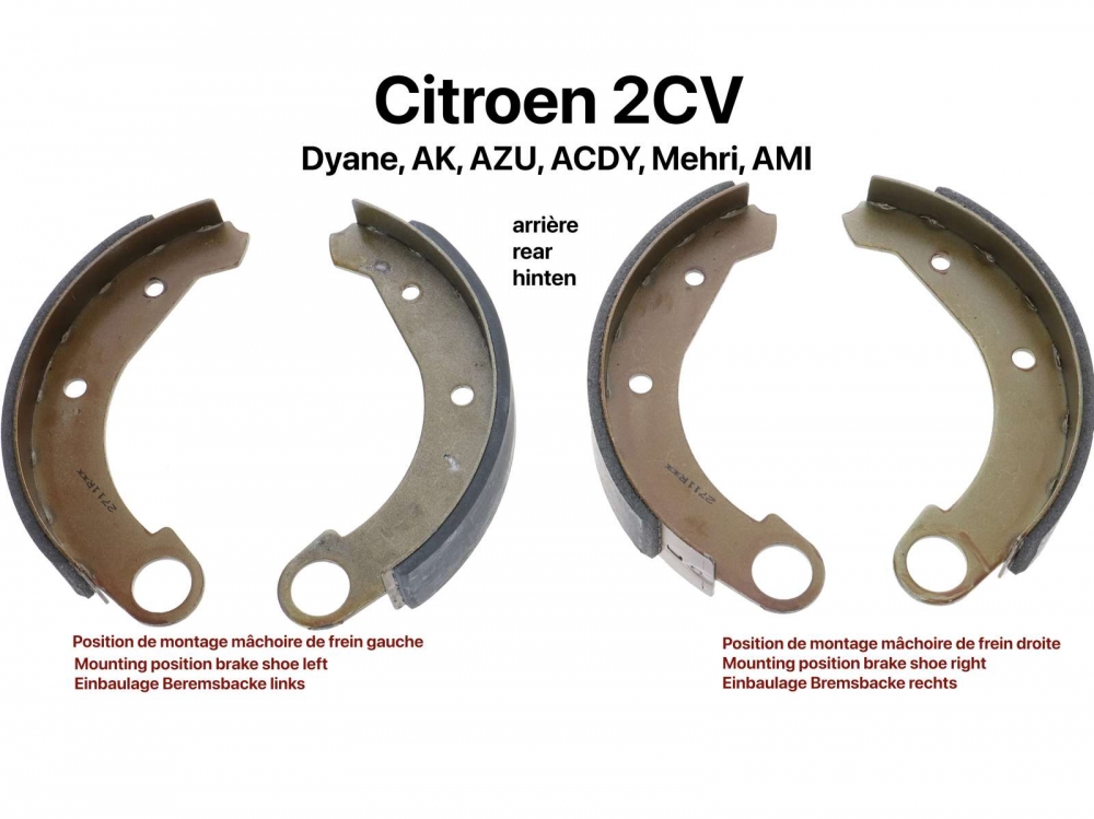 Citroen-2CV - Achterremschoenen. Geschikt voor Citroen 2CV, Dyane, AK, ACDY, AMI. Reproductie uit Europa
