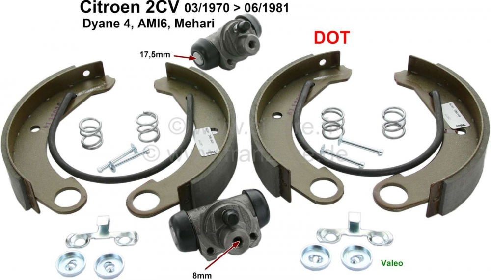 Citroen-2CV - Remschoenset achterrem, met wielremcilinders (zuiger 17,5mm). Geschikt voor Citroen 2CV4 +