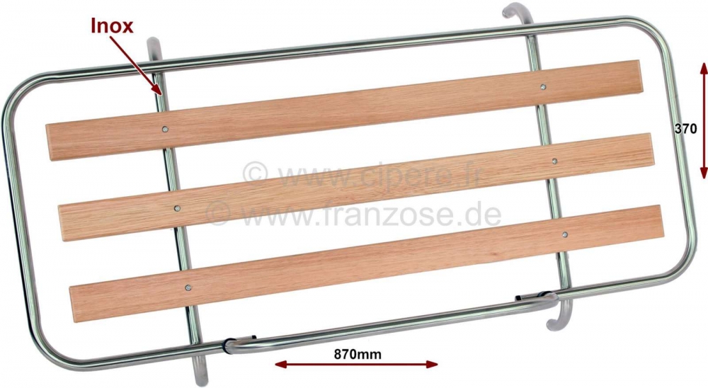 Citroen-2CV - Bagagerek achteraan gemaakt van gepolijst roestvrij staal, met houten sierlijsten. Afmetin