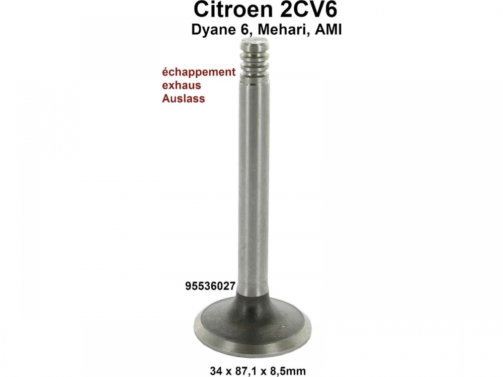 Citroen-2CV - Klep 2CV6, uitlaat, per stuk. 34 x 87,1 x 8,5mm. Bestelnr.: 95536027