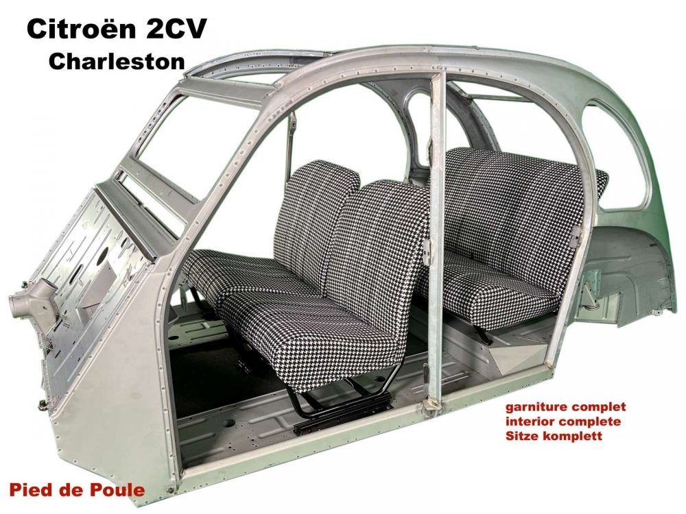 Citroen-2CV - Interieur Charleston houndstooth (Pied de Poule) 2CV6 (volledig gestoffeerd op nieuwe fram